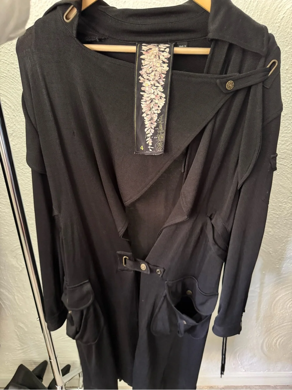 L.A.M.B. Black Draped Long Trench Coat with Embroidered Collar Detail - Picture 5 of 5